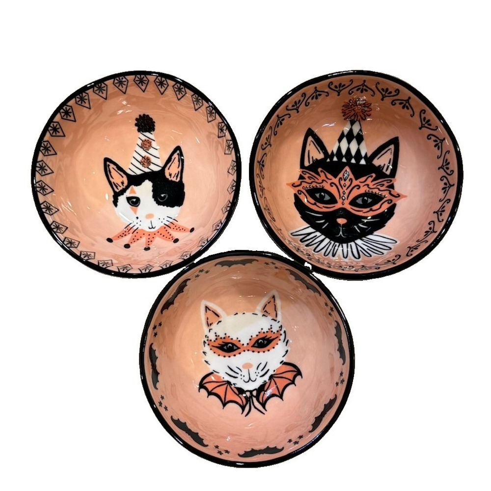 Prima Design Set of 3 Halloween Cat Bowls Small 4.5" Ceramic Accent/Candy Bowls